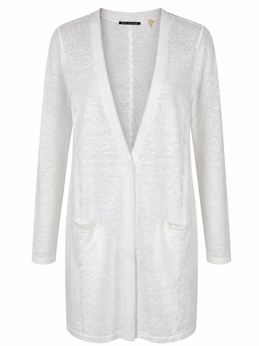 Elie Tahari White Long Open Knit Cardigan